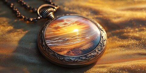 Antique pocket watch with sunset beach painting on golden sand
