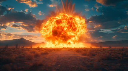 Nuclear explosion in desert landscape, fiery mushroom cloud, apocalyptic scene, digital art