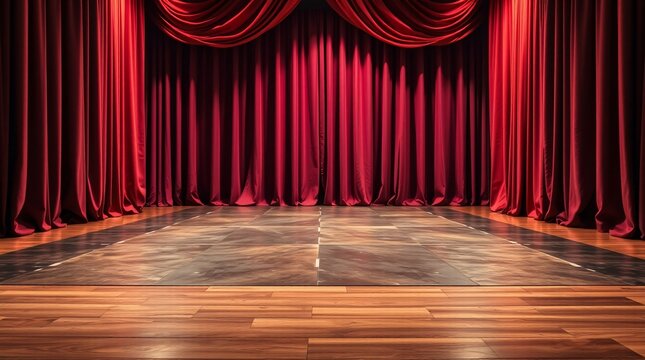 Grand Performance , Stage Curtains Parting Under a Bright Spotlight