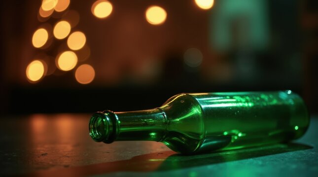 Green glass bottle for Truth or Dare game on a table in a dimly lit party