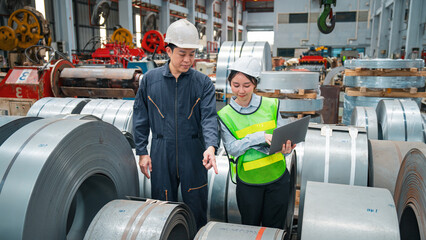 Professional expertise engineering and inspector of Mechanic are checking or examining the quality of Plate rolling metal sheet with order of industry or factory, Rolling machine quality control.