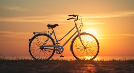 Fototapeta premium Sunset Bicycle Ride: Serene Evening by the Ocean