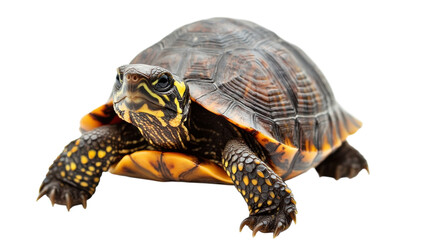 Obraz premium Colorful turtle crawling on a white surface while showcasing its unique shell patterns and vibrant colors