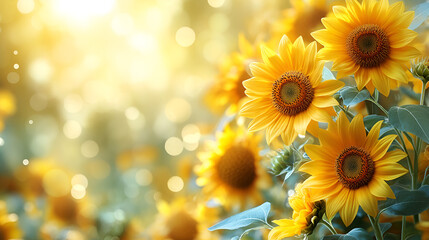 Vibrant sunflowers with golden bokeh, summer garden, macro floral closeup, nostalgic beauty