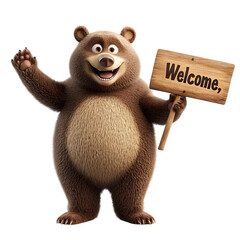 A Happy 3D Cartoon Bear Holding a Sign That Says Welcome Isolated on Transparent Background