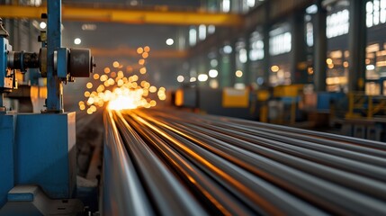 Steel Manufacturing Process in a Modern Factory with Sparkling Metal Rods on Production Line