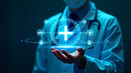 Healthcare and Medical Care Technology Futuristic Medicine Doctor Nurse Patient Digital Health AI Electronic Medical Record DNA Innovation Science Hospital Research
