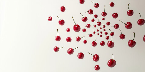 Floating red cherries on white background with spiral pattern formation