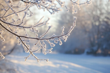 Obraz premium Morning light on frosted tree branches with winter landscape background