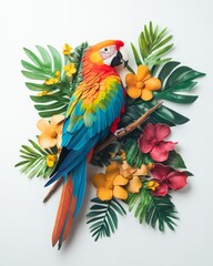 A vibrant macaw perched among tropical flowers and lush leaves. This stunning artwork blends nature with creativity. It captivates and inspires creativity. Generative AI