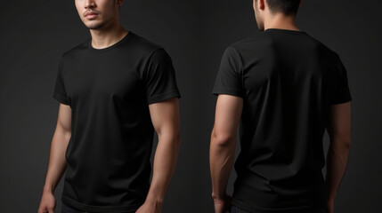 Obraz premium man wearing black t shirt poses against dark background, showcasing front and back views
