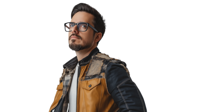 Photographer in a stylish outfit, confident and artistic, modern glasses, isolated on a white background