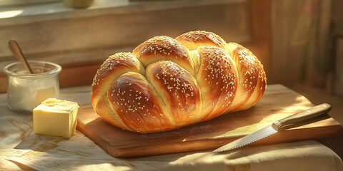 Freshly baked challah bread with butter in a sunlit kitchen setting