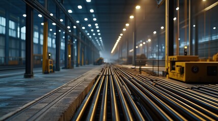 Fototapeta premium Industrial Steel Workshop with Rows of Metal Pipes in an Illuminated Factory Environment