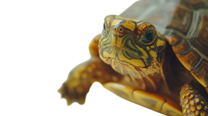 Close-up view of a colorful turtle exploring its surroundings in a serene environment