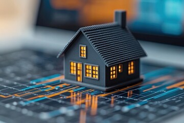 Small Black House Model on Laptop Screen with Housing Data Graphs