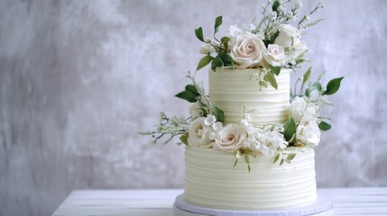 Elegant Tiered Wedding Cake Decorated with White Roses and Greenery