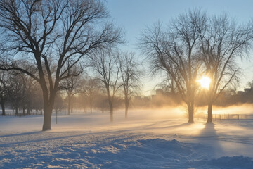 Winter sunrise with golden light breaking through frosty trees and snow-covered landscape