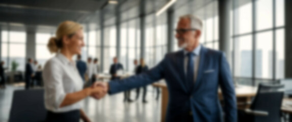 Blurred background highlighting a side angle of business partners concluding negotiations with a handshake