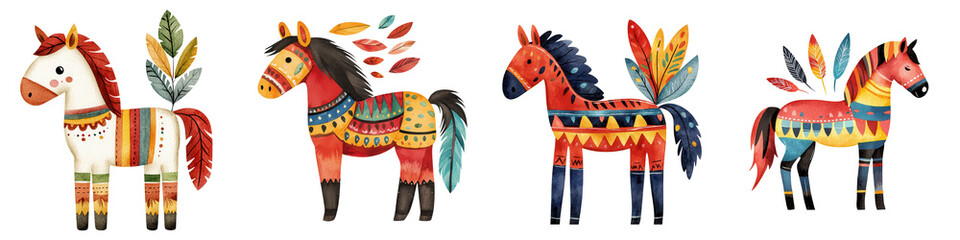 Obraz premium Colorful tribal horses with feather decorations in whimsical style, isolated on transparent background.