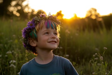 Happy holiday season holidays concept art. Happy caucasian child boy with multi-color hair wearing purple flower crown on his head. Golden hour in sunset. Young boy with natural elegance.