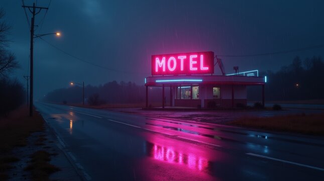 Pink and purple neon motel sign glowing on wet pavement at night
