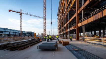Construction Site with Steel Framework, Heavy Machinery, and Workers Collaborating in a Metal Industry Environment