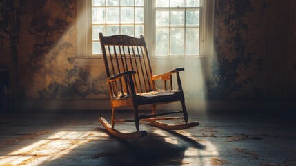 Antique wooden rocking chair with chipped paint, sitting in a dimly lit room with soft light filtering through the windows