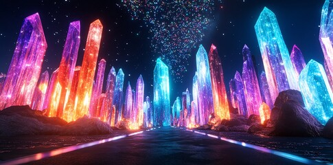 Glowing Crystal Pathway Night Landscape Fantasy Art