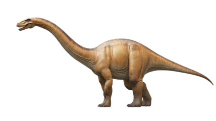 Dinosaur model stands proudly, showcasing its long neck and tail in a dynamic pose against a white background