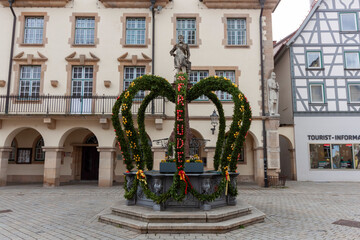 Fountain at the Town Hall. Decorated according to the Easter tradition