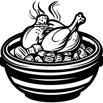 roasted chicken in bowl, black and white clip art preview