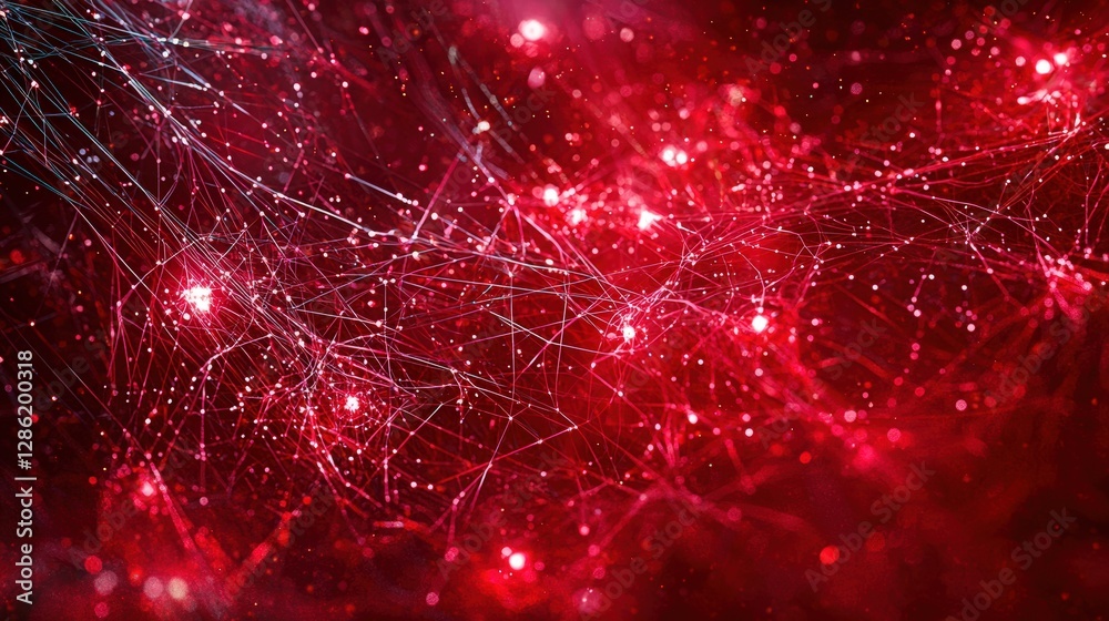 Poster vivid red background with intricate lines and dots creating an abstract design