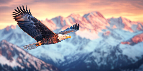 Majestic eagle soars over snowy mountains nature aerial view
