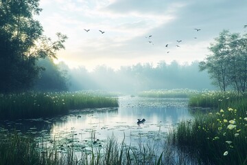 Fototapeta premium Bird flying over a serene lake surrounded by trees and reflected sky