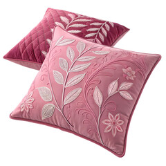 Pink velvet throw pillows with a pattern for home decor isolated on a transparent background.	