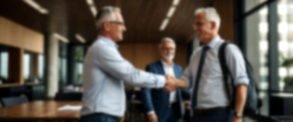 Blurred background illustrating businessmen concluding a meeting with a handshake, indicating agreement
