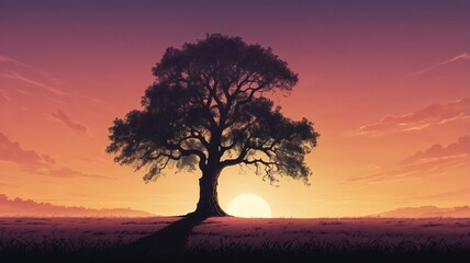 Majestic Silhouette of a Tree Against a Vibrant Sunset in a Serene Landscape
