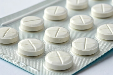 Close-Up of White Medication Pills with Grooves on a Flat Surface