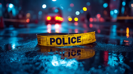 Police tape at crime scene, rainy night, urban, moody atmosphere, cinematic lighting, dramatic contrast