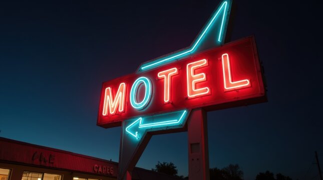 Vintage neon motel sign glowing in red and blue against a dark night sky