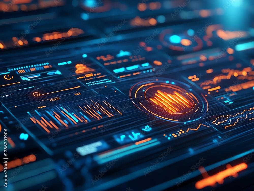 Poster futuristic digital dashboard interface with data visualization
