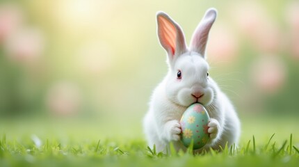 Fototapeta premium White bunny holding a pastel Easter egg on green grass with a floral backdrop