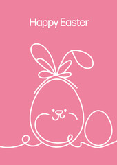 Line art Easter bunny and egg on pink background.