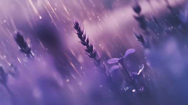 Ethereal underwater scene with amethyst lavender and iris flowers captured in a mesmerizing motion blur at sunset  The shimmering iridescent light rays create a dreamy captivating atmosphere