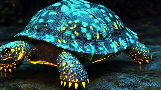 Turtle's Glowing Shell: Close-up shot captures a turtle with a uniquely patterned shell and skin, illuminated with glowing details.