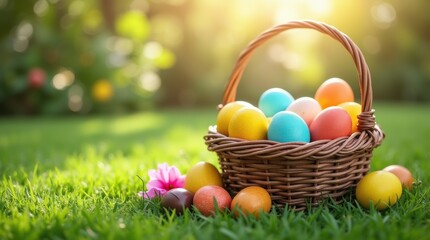 Naklejka premium Easter basket filled with colorful eggs and flowers on green grass under sunlight
