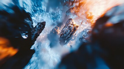 Fototapeta premium Aquamarine and Coral Underwater Abstract with Cinematic Motion Blur and Depth of Field Close up of water at sunset with light rays shimmering glistening surface and a dreamy ethereal atmosphere