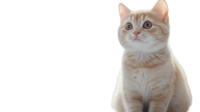 Domestic cat sitting calmly against a white background, displaying curiosity and a soft expression during a moment of stillness