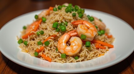 An elegant plate of fried rice with shrimp, peas, and carrots, garnished with green onions, showcasing a delicious Asian-inspired dish perfect for a dinner setting